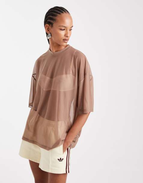 ASOS DESIGN – Szarobeżowy siateczkowy T-shirt oversize o wydłużonym fasonie - view 1