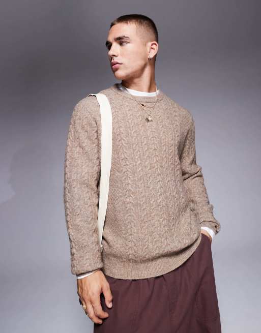 ASOS DESIGN – Szarobeżowy sweter o bardzo luźnym kroju z okrągłym dekoltem z dzianiny o warkoczowym splocie