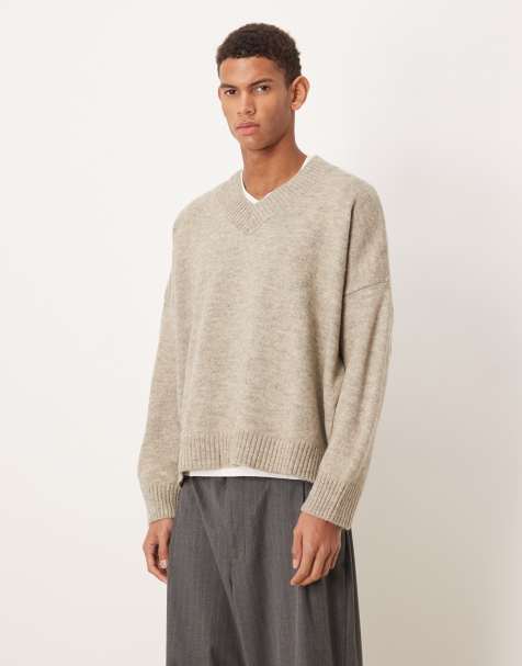 ASOS DESIGN super oversized boxy fit knitted v-neck jumper in taupe	