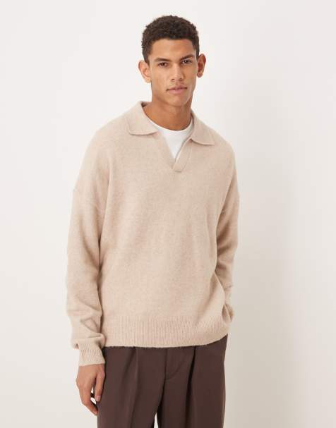 ASOS DESIGN oversized brushed knitted notch neck jumper in stone