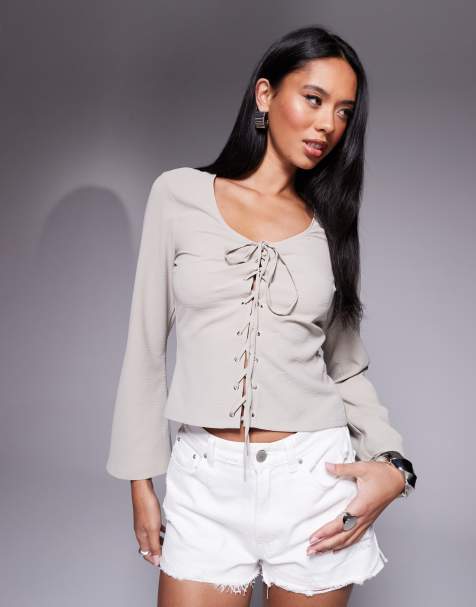 ASOS DESIGN lace up front long sleeve top in taupe