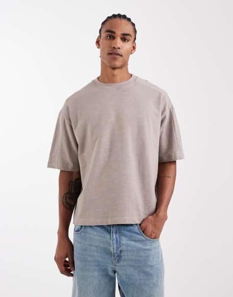 ASOS DESIGN – Szarobeżowy T-shirt o pudełkowym kroju oversize z materiału slub z ozdobnymi szwami - view 1