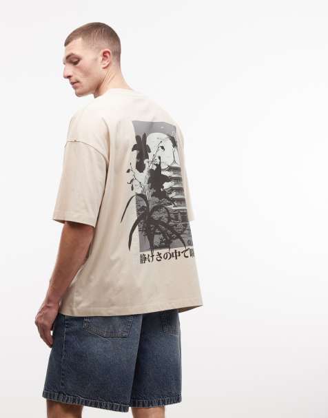 ASOS DESIGN – Szarobeżowy T-shirt oversize z grafiką z kwiatami - view 1
