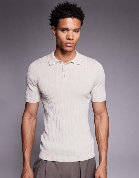 ASOS DESIGN muscle fit knitted rib polo t-shirt in stone
