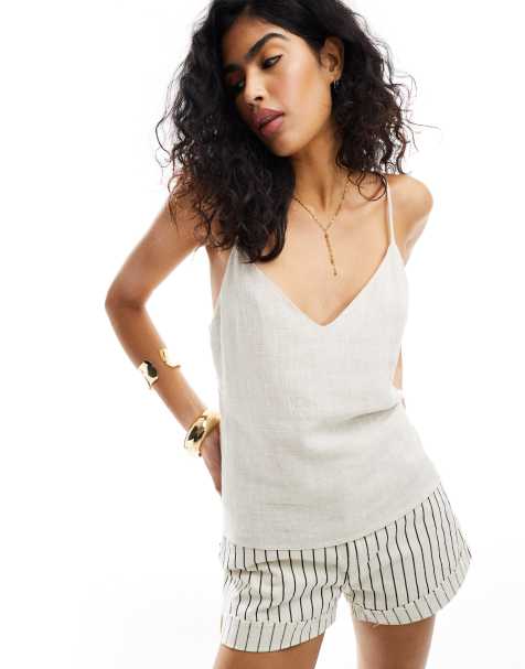 ASOS DESIGN – Szarobeżowy top na ramiączkach z dekoltem w szpic z domieszką lnu - view 1