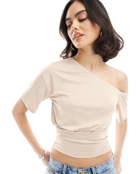 ASOS DESIGN slouchy off shoulder cinched cupro top in stone