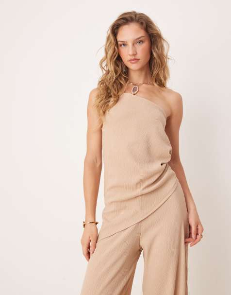 ASOS DESIGN – Szarobeżowy, wiązany w talii, asymetryczny top na jedno ramię o liniowej fakturze, część zestawu - view 1