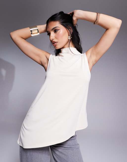 ASOS DESIGN – Szarobeżowy zwiewny top o wydłużonym fasonie z zabudowanym dekoltem z materiału cupro