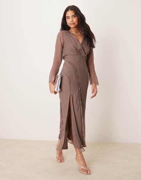 ASOS DESIGN wrap front midi dress with seaming details in taupe