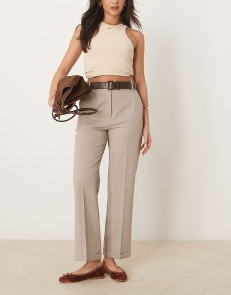 ASOS DESIGN tailored slim straight trousers with belt in mink stripe