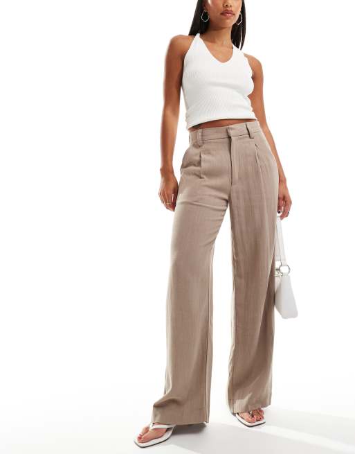 ASOS DESIGN – Szarobrązowe spodnie o fasonie dad z szerokimi nogawkami z domieszką lnu 