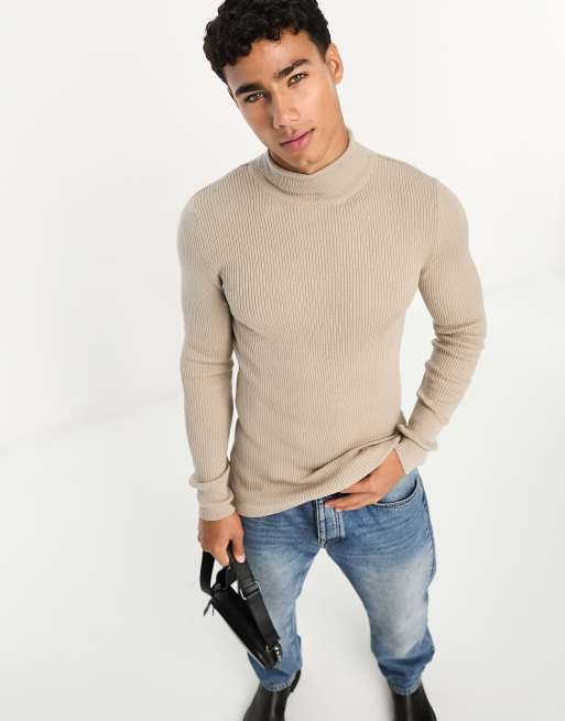 ASOS DESIGN – Szarobrązowy prążkowany sweter o kroju podkreślającym sylwetkę z golfem