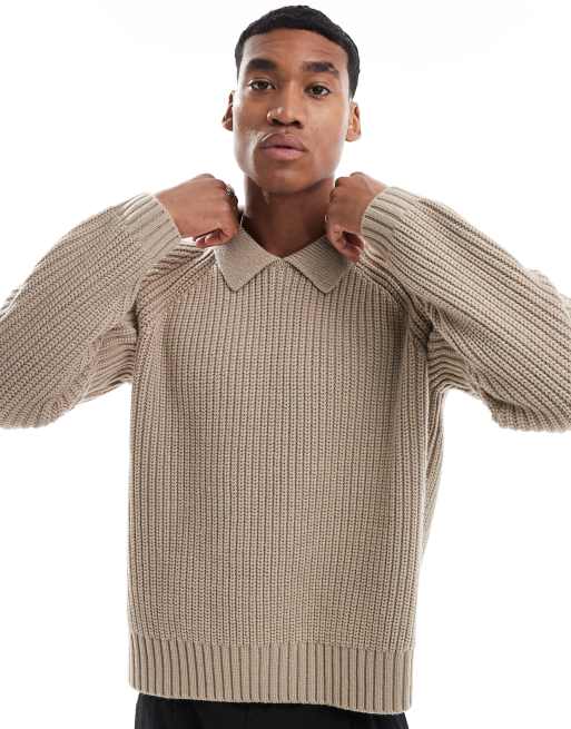ASOS DESIGN – Szarobrązowy pudełkowy sweter oversize z kołnierzem z grubej dzianiny z domieszką wełny o warkoczowym splocie