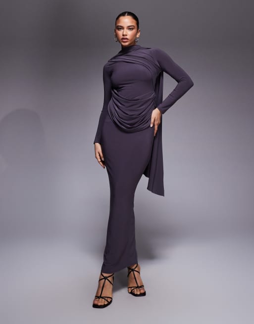 ASOS DESIGN – Szarogranatowa sukienka maxi z długimi rękawami i drapowaniem