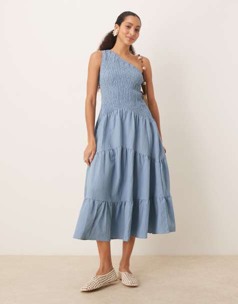 ASOS DESIGN – Szaroniebieska marszczona sukienka midi z asymetrycznym dekoltem - view 1