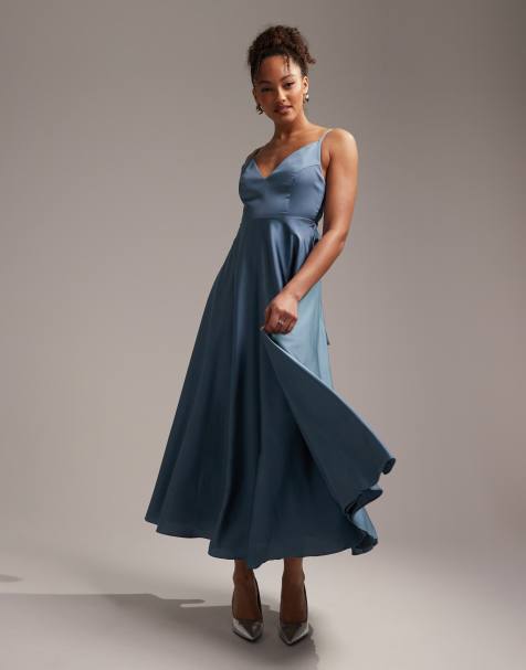 ASOS DESIGN satin midi dress with tie back in dusky blue  