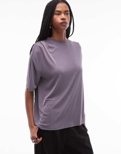 ASOS DESIGN – Szaroniebieski T-shirt oversize z modalu z poduszkami na ramionach