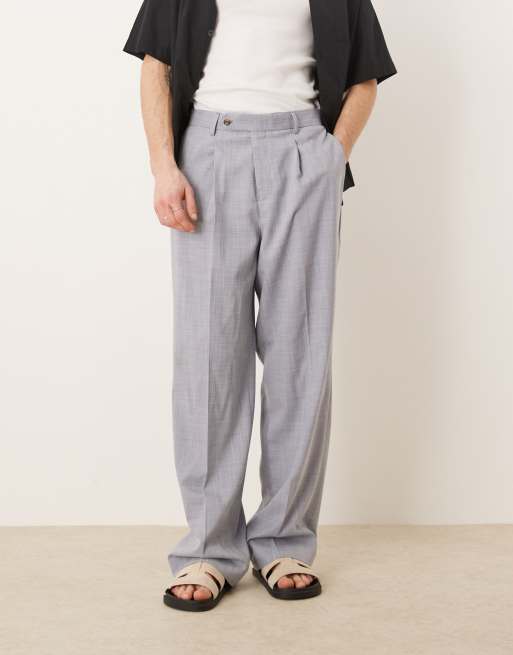 ASOS DESIGN – Szaroniebieskie eleganckie spodnie o krzyżowym splocie z szerokimi nogawkami i zakładkami z przodu