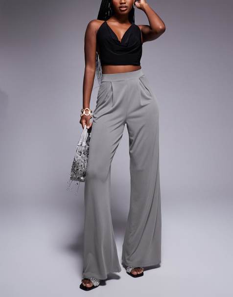 ASOS DESIGN soft handle pleated wide leg trousers in slate grey