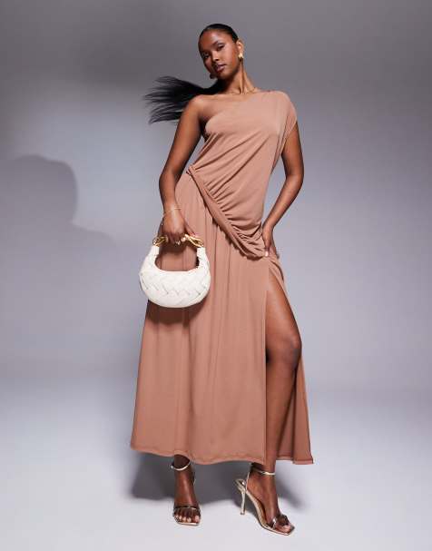 ASOS DESIGN one shoulder with ruching detail and side split maxi dress in mauve