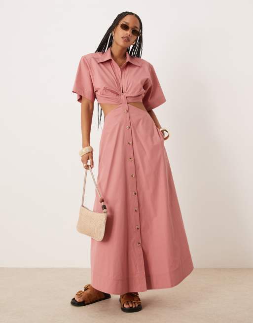 ASOS DESIGN – Szaroróżowa sukienka koszulowa midi z dekoltem w kształcie litery V i wycięciem w talii
