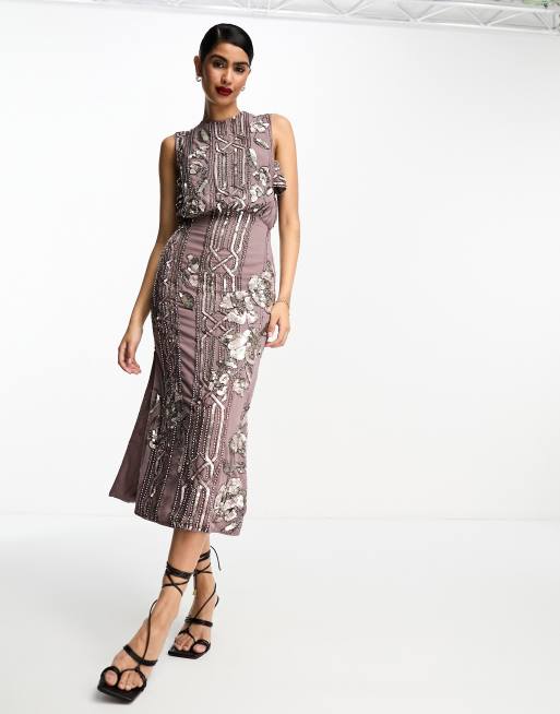 ASOS DESIGN – Szaroróżowa sukienka maxi z odkrytymi ramionami i geometrycznym zdobieniem w kwiatowy wzór