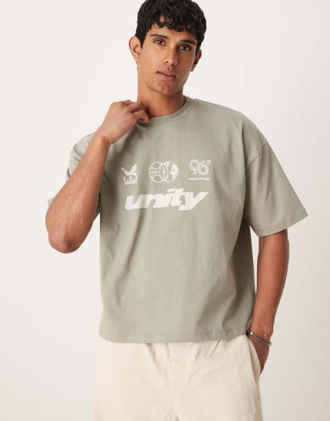 ASOS DESIGN boxy oversized t-shirt with front chest graphic in grey green 
