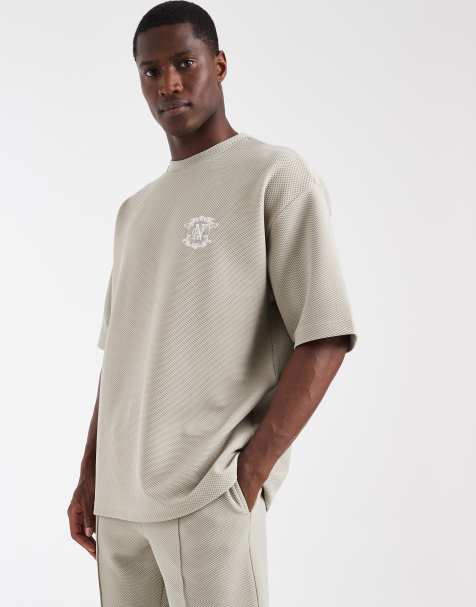 ASOS DESIGN – Szary, bardzo gruby T-shirt oversize z fakturowanego materiału, z haftem na piersi, część zestawu - view 1