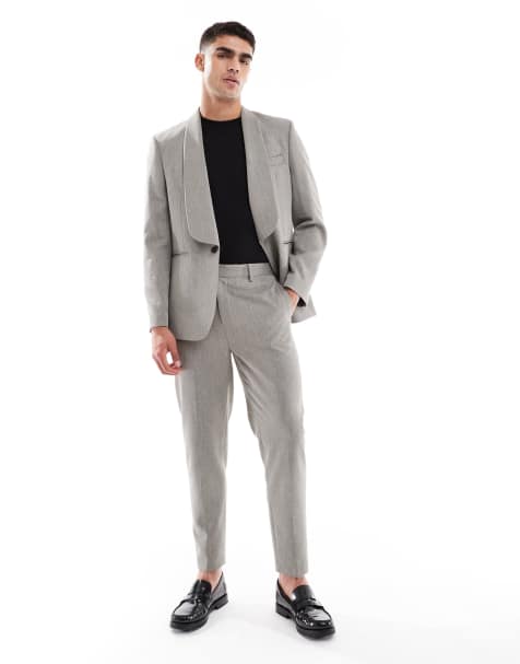 ASOS DESIGN – Szary dopasowany garnitur z domieszką lnu w jodełkę z marynarką z szalowym kołnierzem - view 1