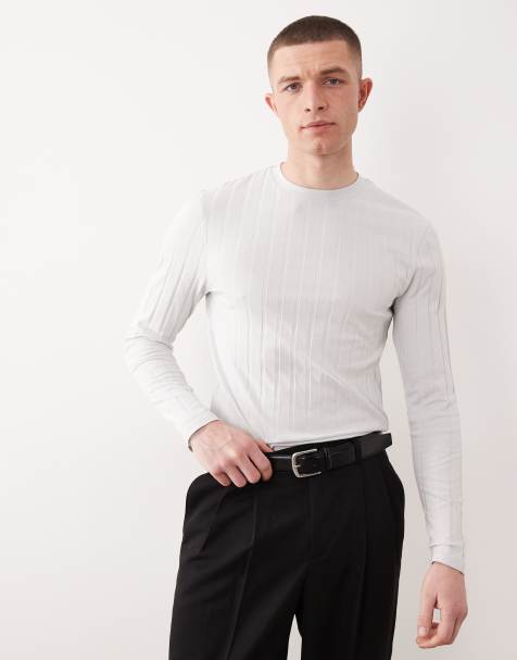 ASOS DESIGN – Szary dopasowany T-shirt z długimi rękawami w szerokie prążki - view 1