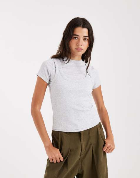 ASOS DESIGN – Szary dwuwarstwowy top z krótkimi rękawami - view 1
