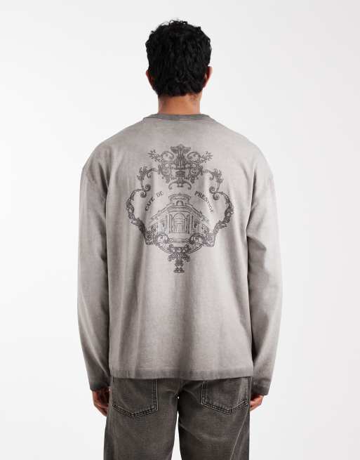 ASOS DESIGN – Szary gruby T-shirt oversize z długimi rękawami z efektem sprania i grafiką na plecach