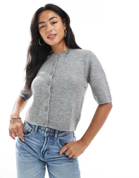 ASOS DESIGN – Szary kardigan z puszystej dzianiny z rękawami do łokci - view 1