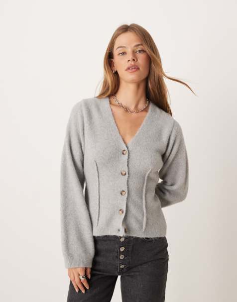 ASOS DESIGN cardigan with exposed waist seams with wool in grey