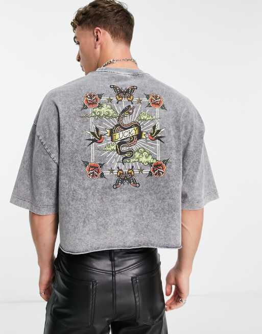 ASOS DESIGN – Szary krótki T-shirt oversize z nadrukiem w stylu grunge na plecach