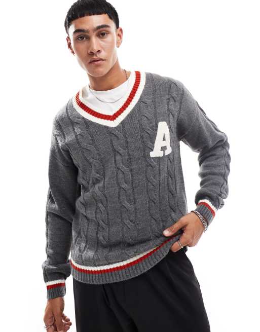 ASOS DESIGN – Szary luźny sweter z dzianiny o warkoczowym splocie w uczelnianym stylu