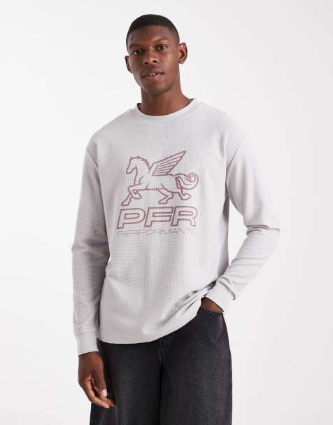 ASOS DESIGN relaxed long sleeve t-shirt with street graphic in grey waffle texture
