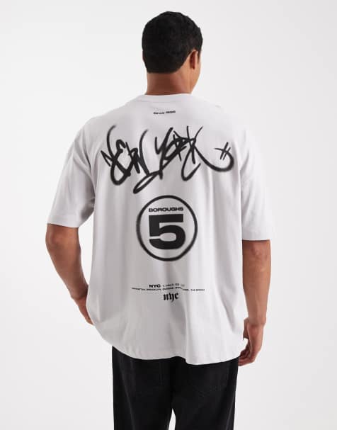 ASOS DESIGN – Szary luźny T-shirt z obniżoną linią ramion i wypukłą grafiką w ulicznym stylu - view 1