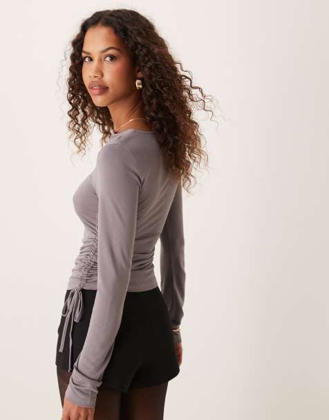 ASOS DESIGN soft handle long sleeve top with ruched sides in slate grey