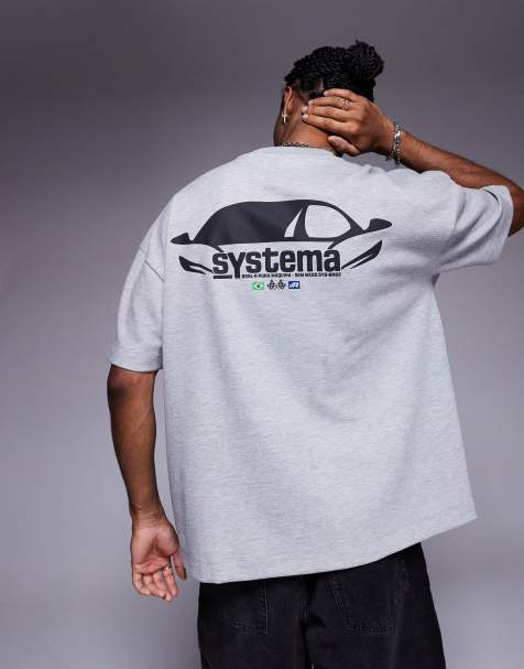 ASOS DESIGN – Szary melanżowy gruby T-shirt oversize z obniżoną linią ramion i nadrukiem auta - view 1