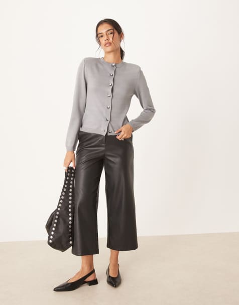 ASOS DESIGN knitted neat fit cardigan with shoulder pads in grey marl