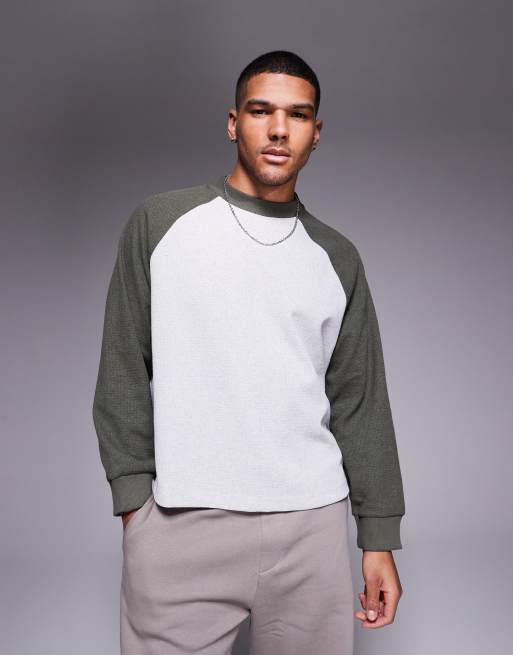 ASOS DESIGN – Szary melanżowy pudełkowy T-shirt oversize z raglanowymi rękawami o waflowej fakturze, część zestawu