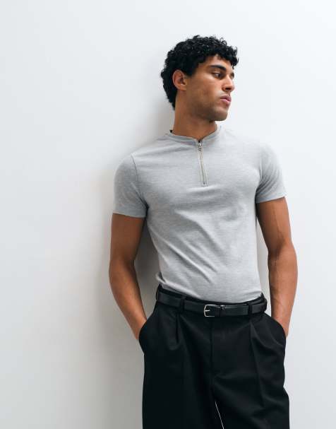 ASOS DESIGN – Szary melanżowy T-shirt o dopasowanym kroju z dekoltem typu henley - view 1