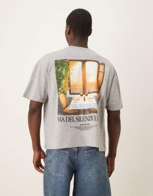 ASOS DESIGN – Szary melanżowy T-shirt o pudełkowym kroju oversize z grafiką z motywem krajobrazu