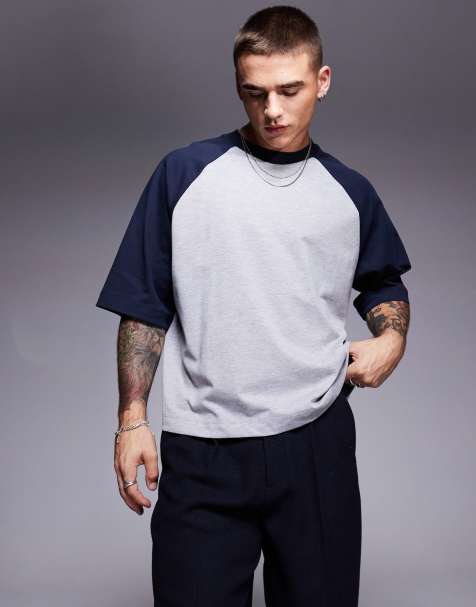 ASOS DESIGN – Szary melanżowy T-shirt o pudełkowym kroju oversize z granatowymi raglanowymi rękawami - view 1