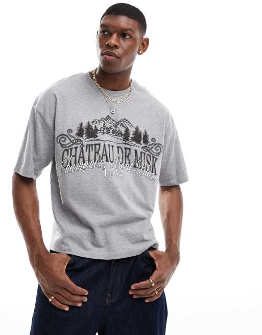 ASOS DESIGN – Szary melanżowy T-shirt o pudełkowym kroju oversize z krajobrazowym nadrukiem na piersi