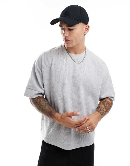 ASOS DESIGN – Szary melanżowy T-shirt o pudełkowym kroju oversize z waflową strukturą i ozdobnymi szwami