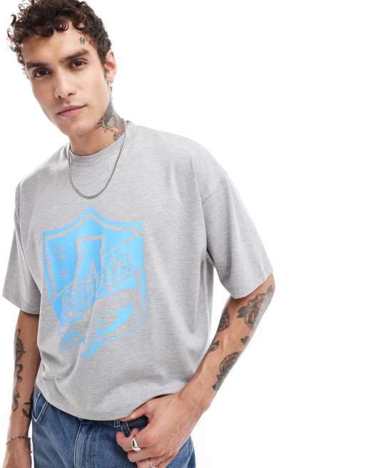 ASOS DESIGN – Szary melanżowy T-shirt oversize o krótkim fasonie z grafiką na piersi