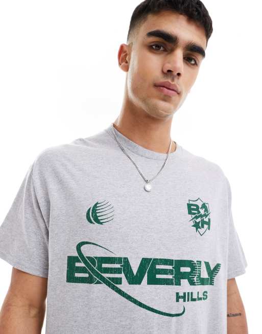 ASOS DESIGN – Szary melanżowy T-shirt oversize z nadrukiem „Beverly Hills”