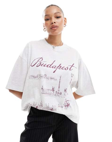 ASOS DESIGN – Szary melanżowy T-shirt oversize z nadrukiem z napisem „Budapest” - view 1